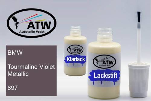 BMW, Tourmaline Violet Metallic, 897: 20ml Lackstift + 20ml Klarlack - Set, von ATW Autoteile West.